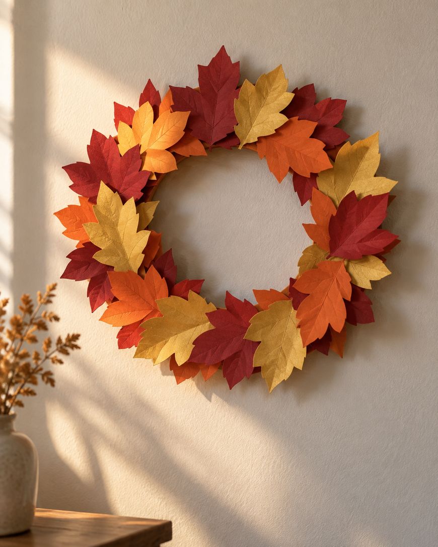 A decorative wreath made of layered paper leaves in shades of red, orange, and yellow hanging on a wall.