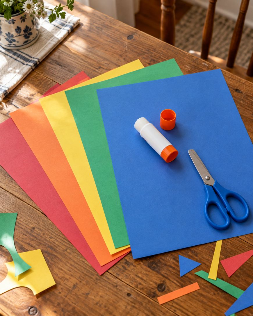 A stack of red, orange, yellow, green, and blue construction paper on a wooden table, with a glue stick, a pair of blue scissors, and scattered paper scraps.