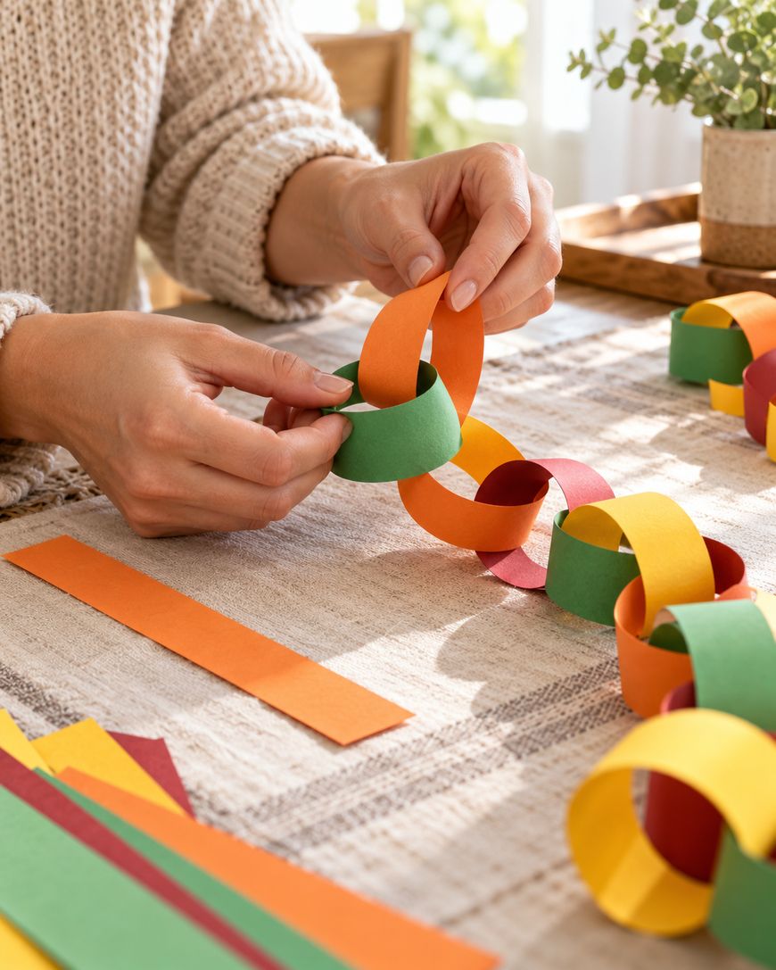 Hands assembling a colorful paper chain made of orange, green, red, and yellow paper strips.