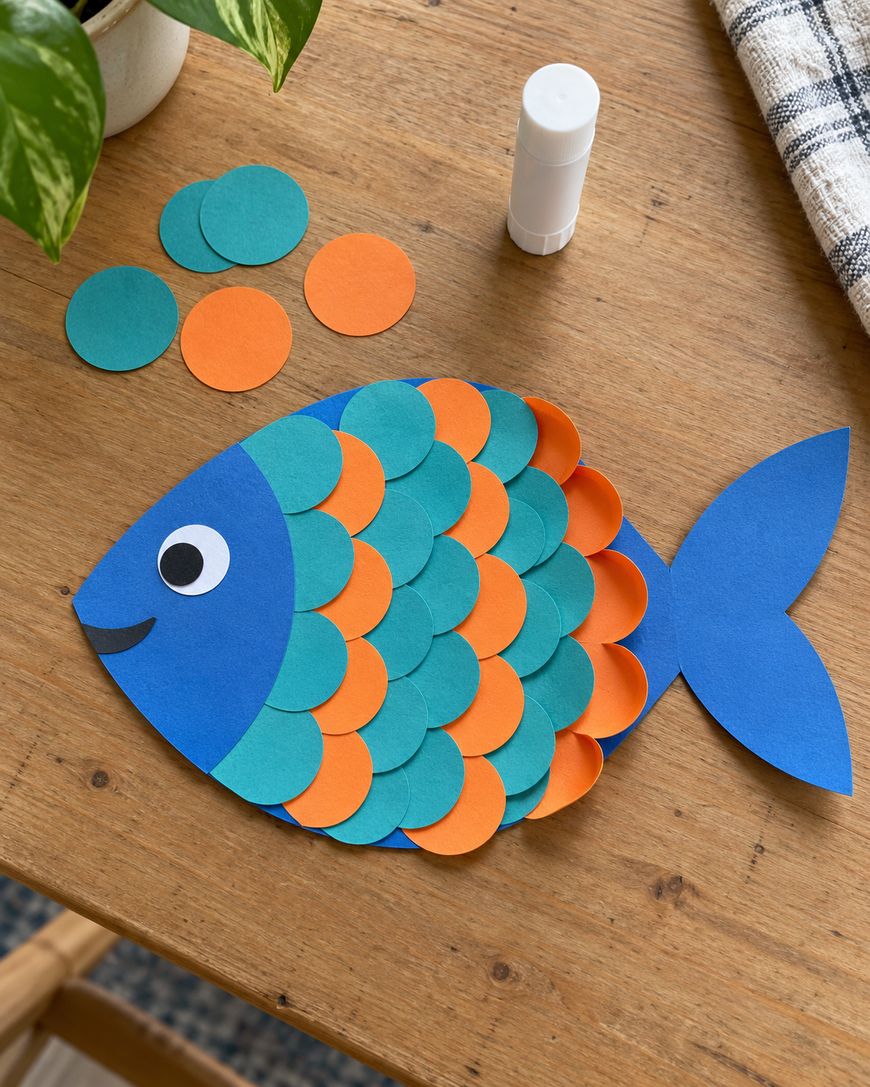 A paper craft fish with overlapping teal and orange circle scales, a blue head with a googly eye, and a blue tail, sitting on a wooden table.