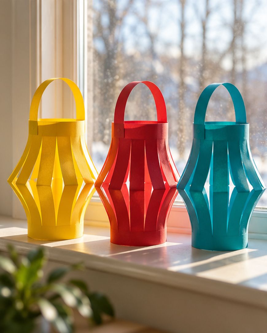 Three handmade paper lanterns in yellow, red, and blue sitting on a window sill.