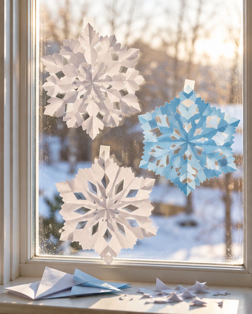 Three paper snowflakes taped to a windowpane, with paper scraps on the windowsill below.
