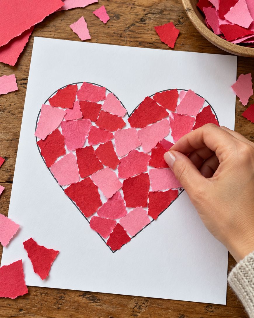 A hand glues a small piece of red paper onto a heart-shaped mosaic craft on white paper.