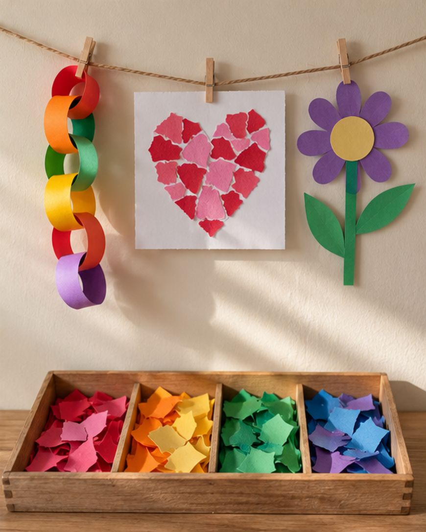 Paper crafts of a chain, a heart, and a flower hanging on a line above a wooden tray filled with colorful paper scraps.