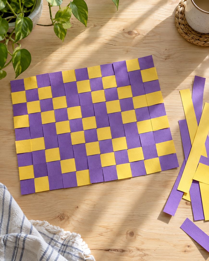 A woven paper mat featuring a checkerboard pattern of purple and yellow squares, with loose paper strips lying to the side on a wooden surface.