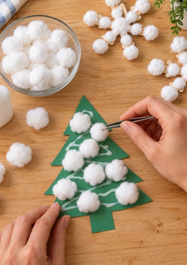 A person uses tweezers to place cotton balls onto a green paper Christmas tree cutout decorated with white glue.