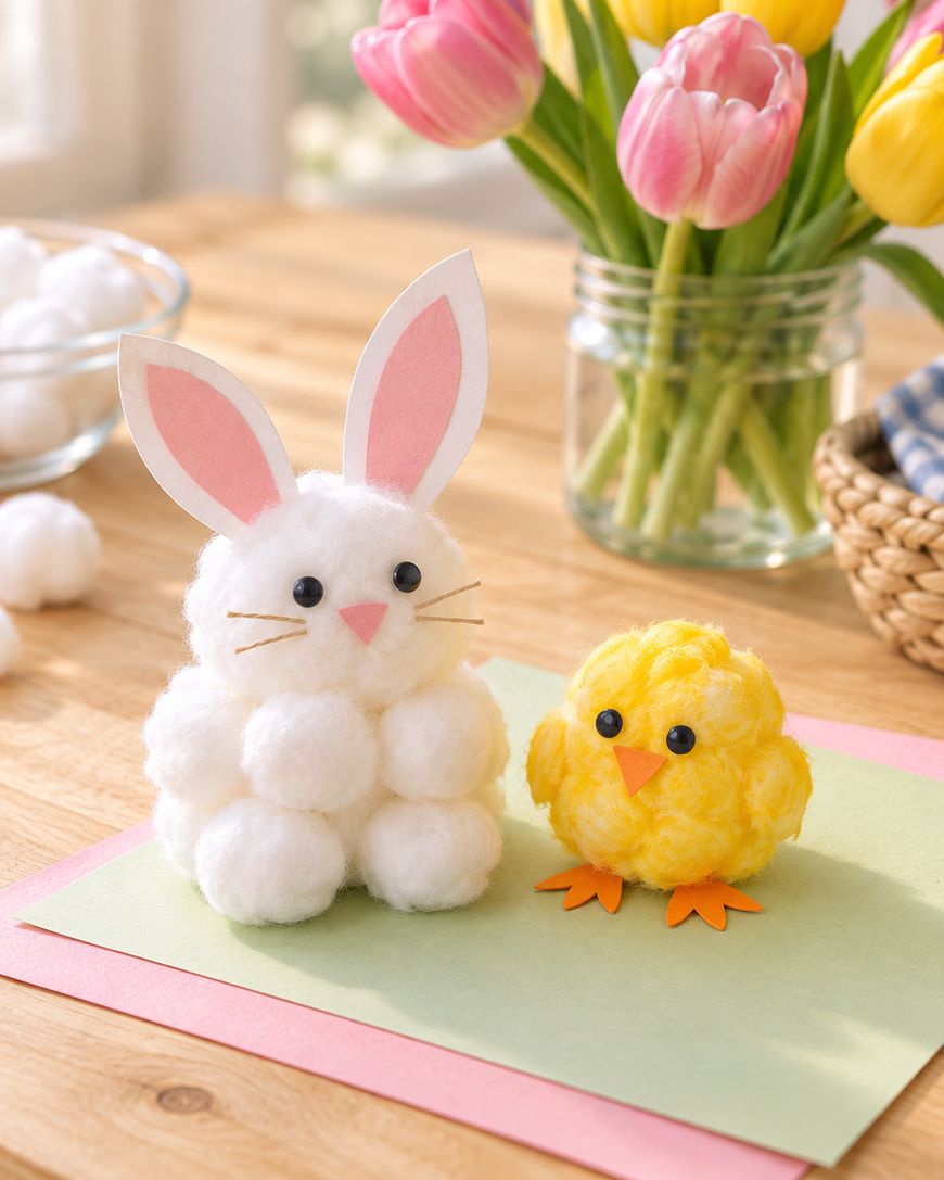 A DIY cotton ball Easter bunny and yellow chick craft on a table next to a vase of tulips.