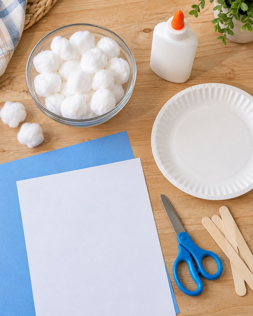 Craft supplies on a wooden table, including a bowl of cotton balls, a bottle of glue, a white paper plate, scissors, wooden craft sticks, and sheets of paper.