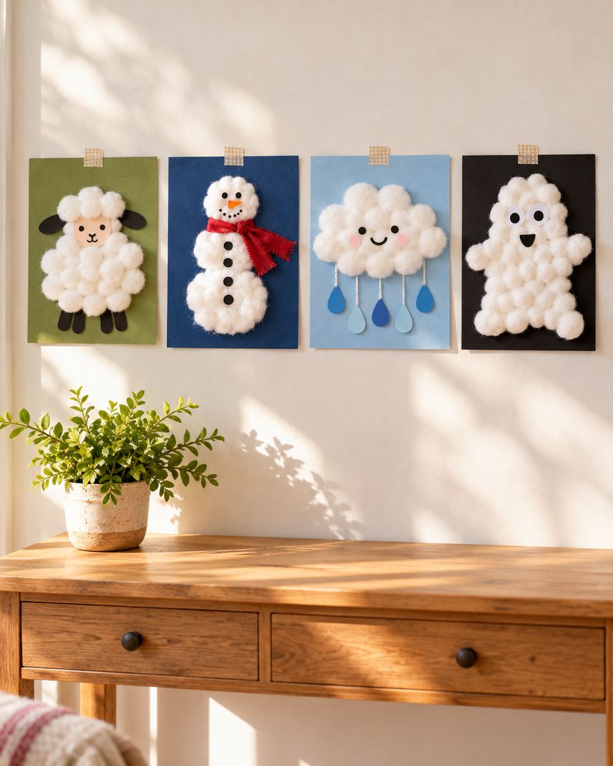 Four craft projects made with cotton balls taped to a wall: a sheep, a snowman, a rain cloud, and a ghost.
