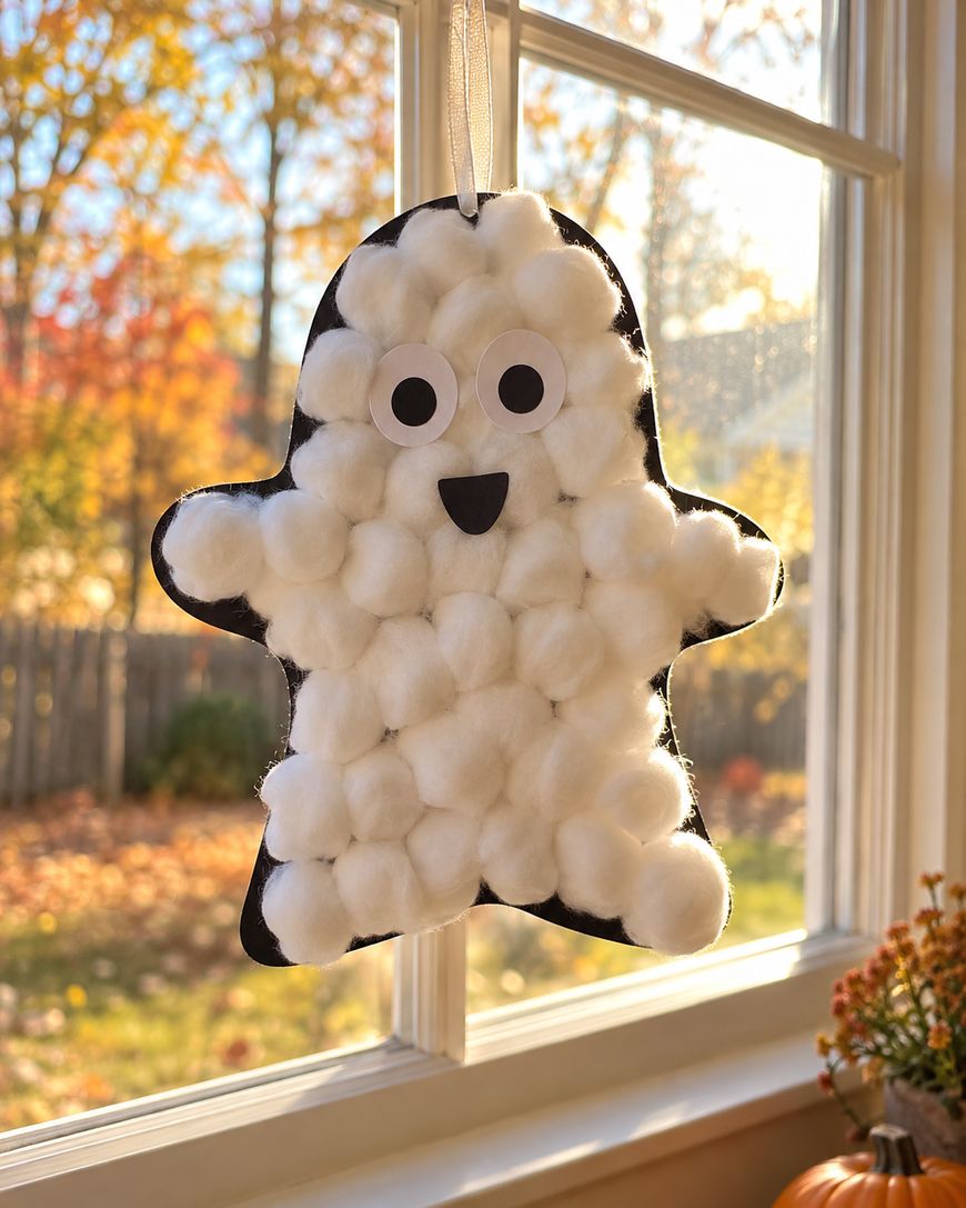 A ghost craft made from cotton balls, hanging in a window against a blurred autumn background.