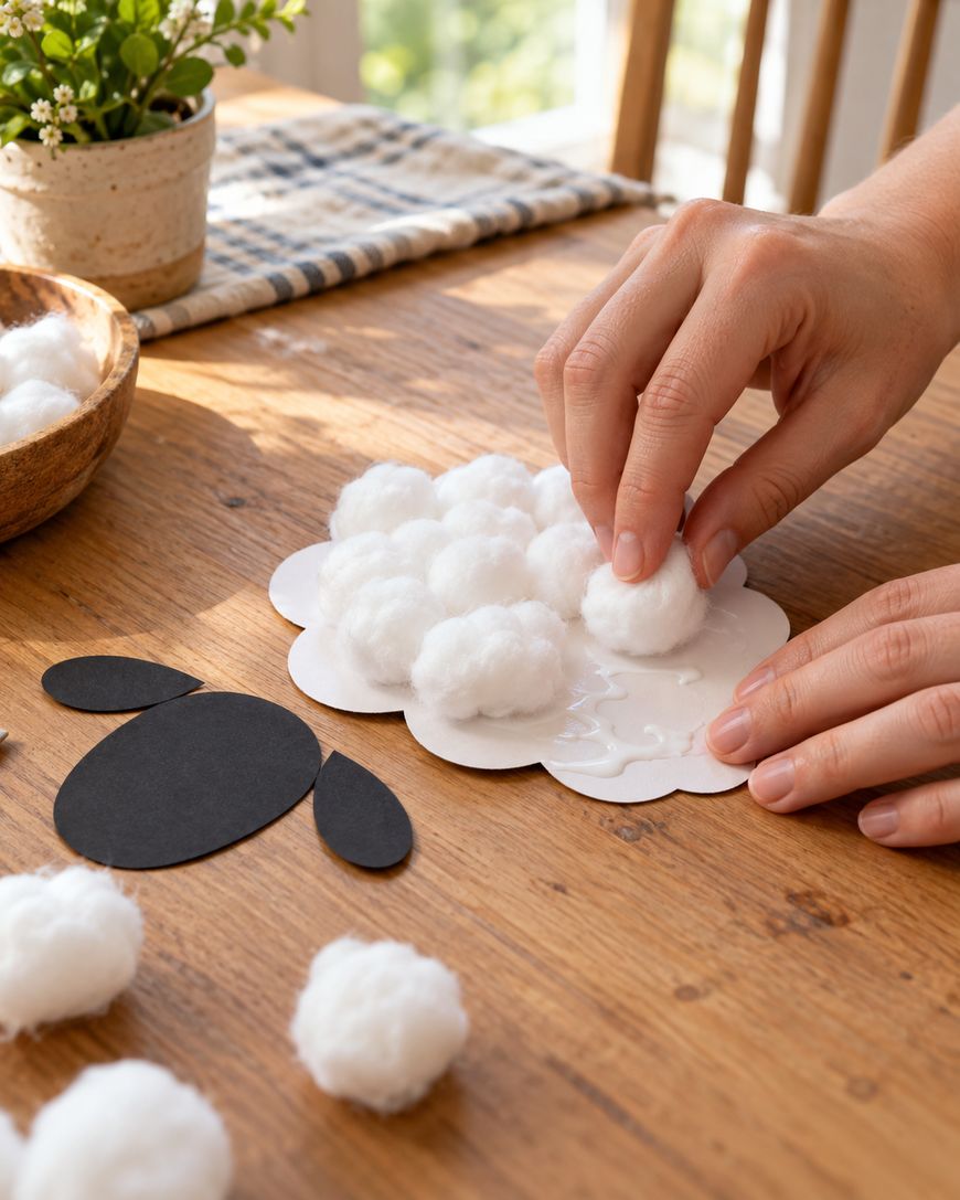 Hands gluing cotton balls onto a paper sheep cutout on a wooden table.