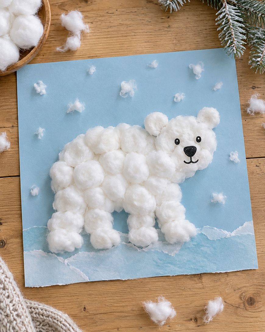 A polar bear craft made of cotton balls on light blue paper, featuring small cotton pieces as snow against a torn paper base.