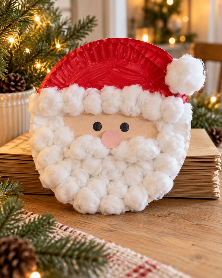 A Santa Claus craft made from a paper plate with a red painted hat, a cotton ball beard and trim, and a pink nose.