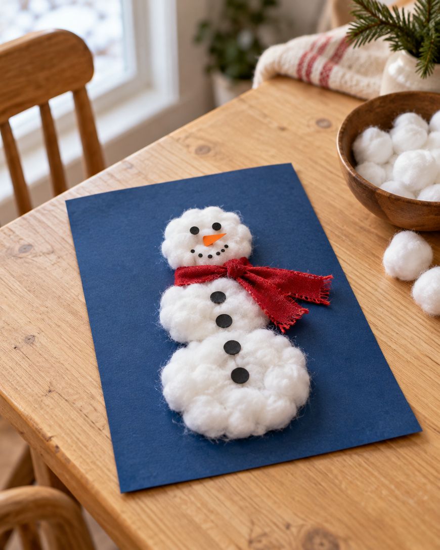 A snowman craft made of cotton balls on blue cardstock, wearing a red fabric scarf with an orange paper nose and black button details.