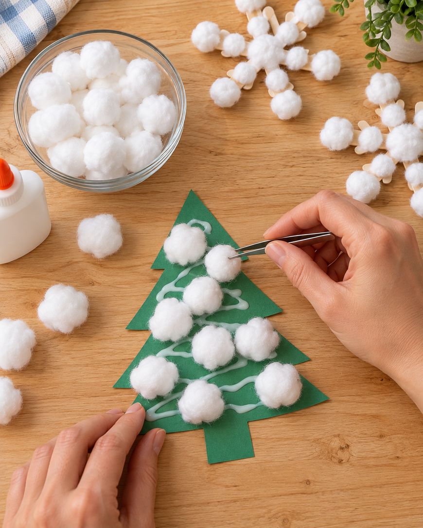 Hands using tweezers to place a cotton ball onto a green paper Christmas tree decorated with glue lines, with a bowl of cotton balls and snowflake crafts nearby.