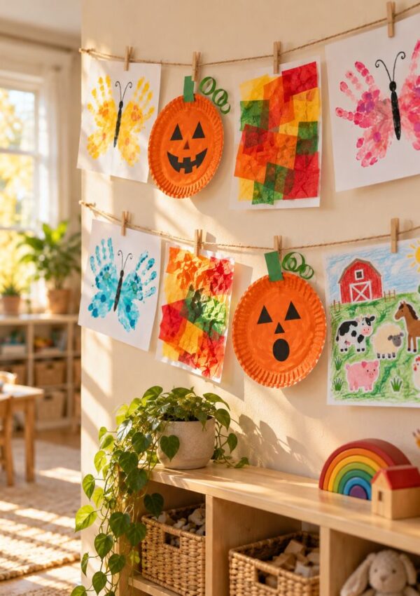 Childrens crafts, including handprint butterflies, paper plate pumpkins, and farm animal drawings, hang on twine strings against a wall above a wooden toy shelf.