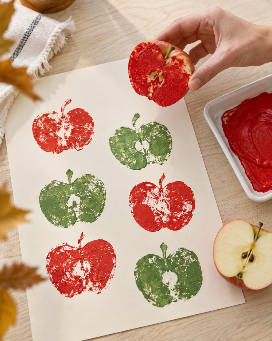 A hand presses a red apple half dipped in paint onto a piece of paper already stamped with several red and green apple prints.