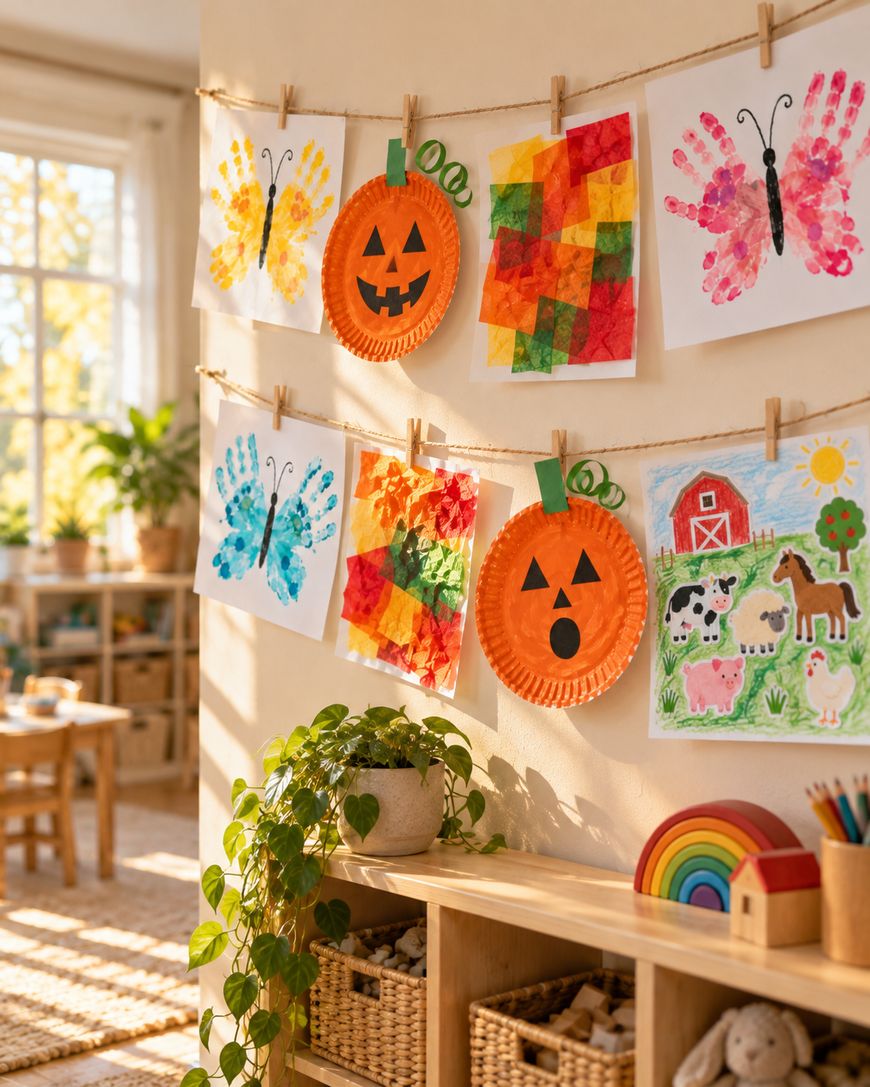 Childrens art, including handprint butterflies, paper plate pumpkins, and a farm drawing, hangs on strings across a wall.