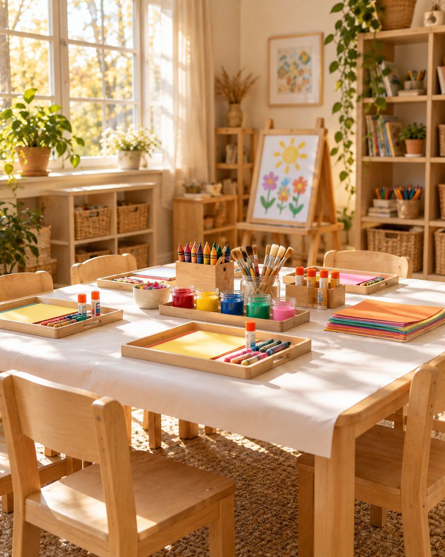 A wooden table set up for childrens art with trays containing paper, glue sticks, crayons, and jars of paint.