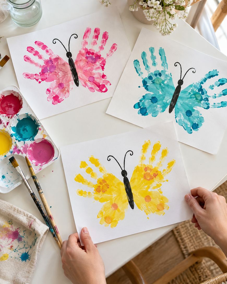 Hands hold a paper with a yellow handprint butterfly painting, surrounded by other butterfly paintings and paint supplies on a table.