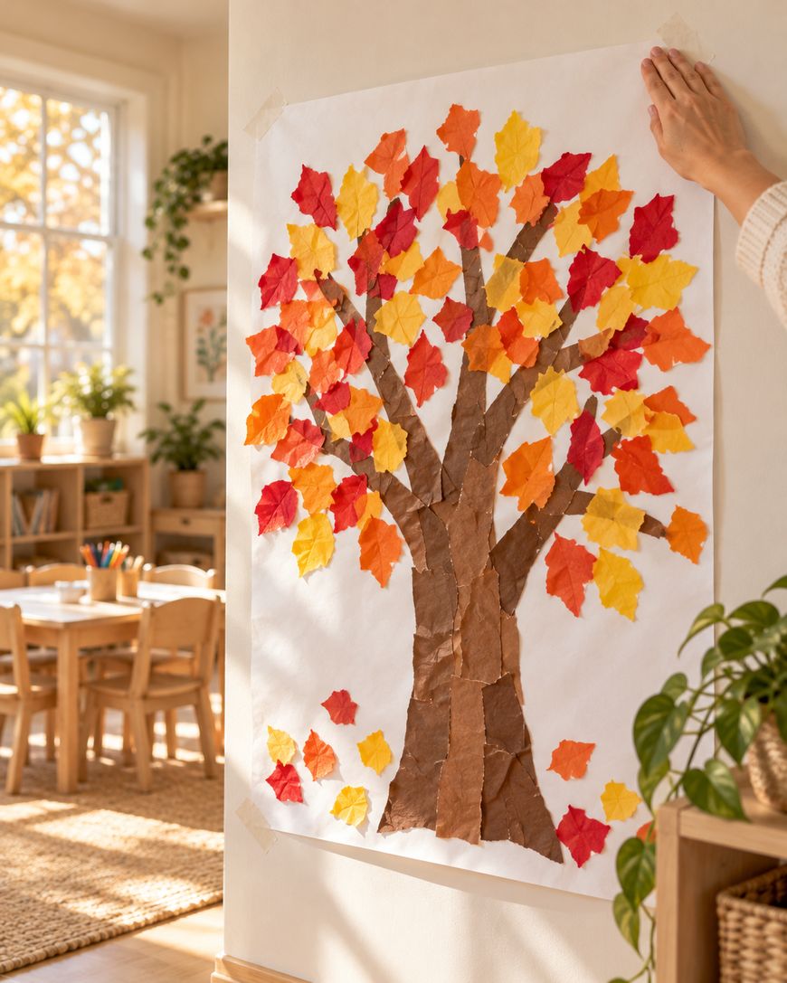 A hand tapes a large craft project of a tree with brown paper bark and colorful paper leaves onto a wall.