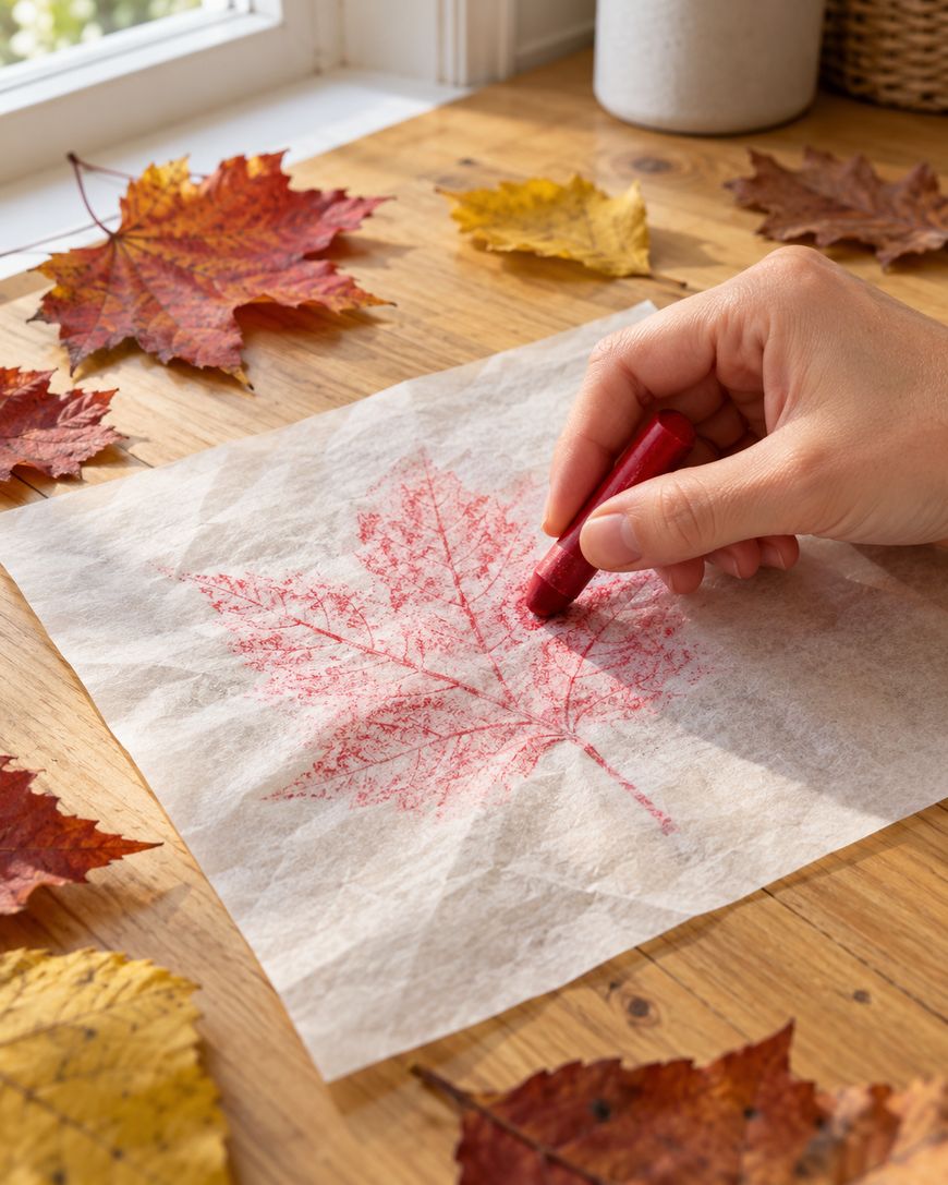 A hand uses a red crayon to create a leaf rubbing on a piece of parchment paper, surrounded by fallen autumn leaves on a wooden table.