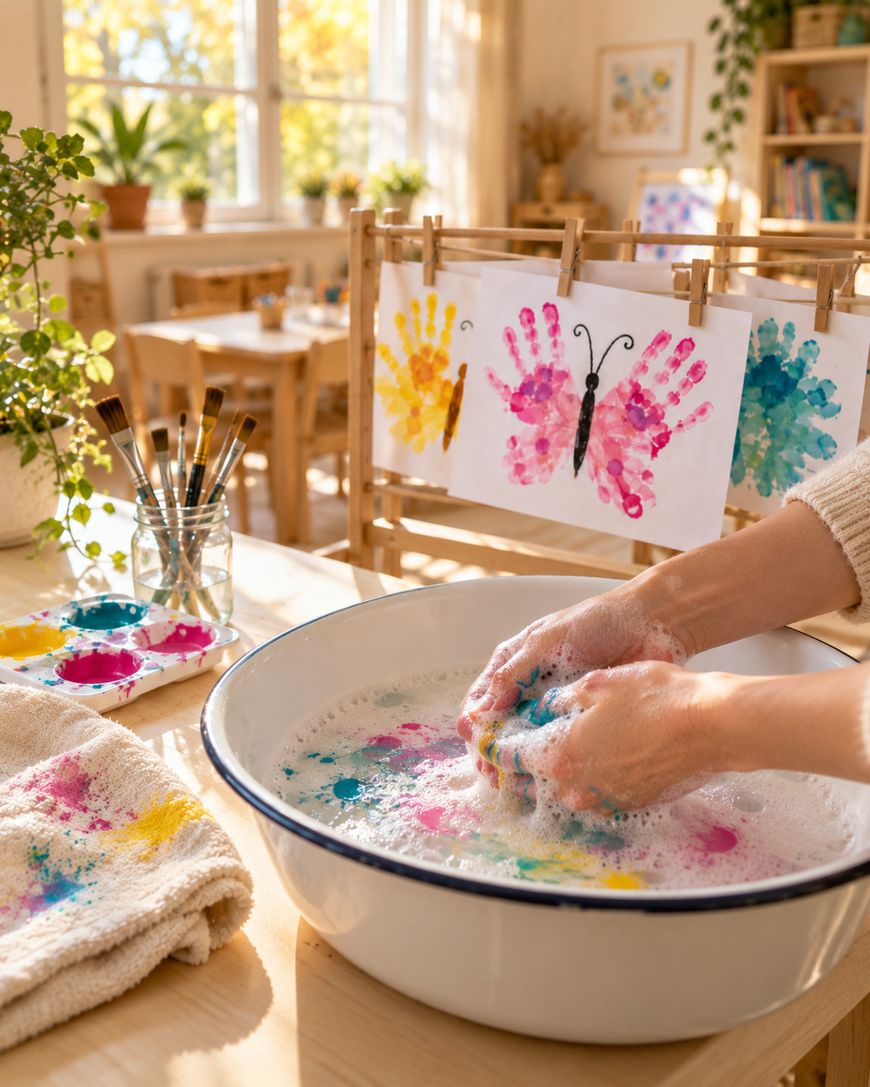 Hands washing paint-covered hands in a bowl of soapy water, with handprint art hanging on a drying rack in the background.