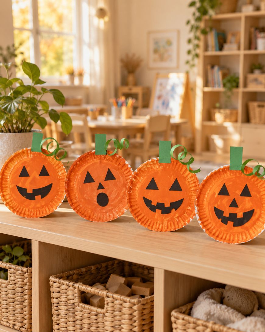 Four paper plate jack-o-lantern crafts with green stems arranged in a row on a wooden shelf.