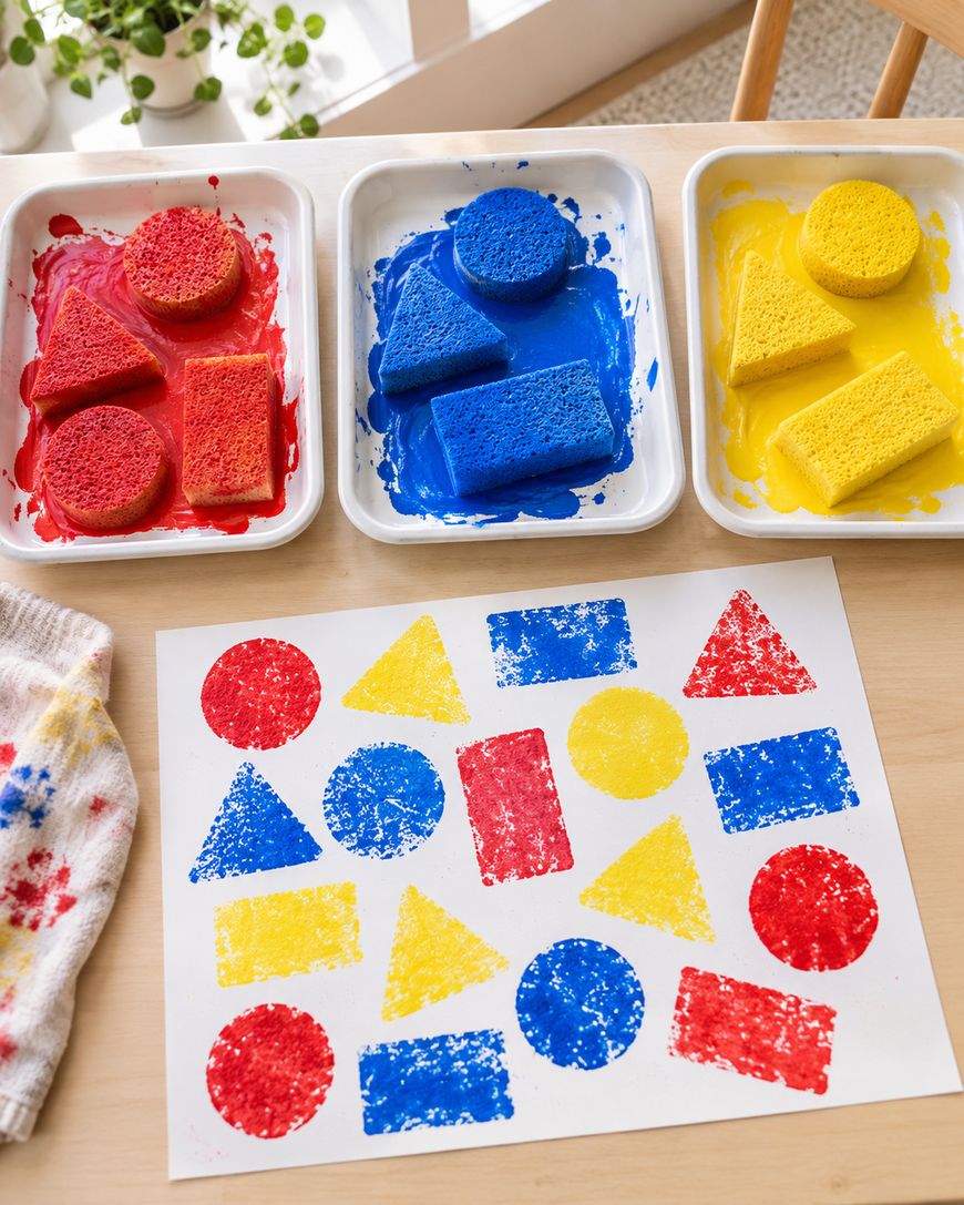 Three trays of colored sponges in red, blue, and yellow sitting above a piece of paper with corresponding shapes stamped in those same colors.