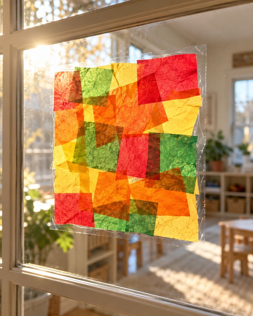 A collage of overlapping red, orange, yellow, and green tissue paper squares stuck to a window, illuminated by sunlight.