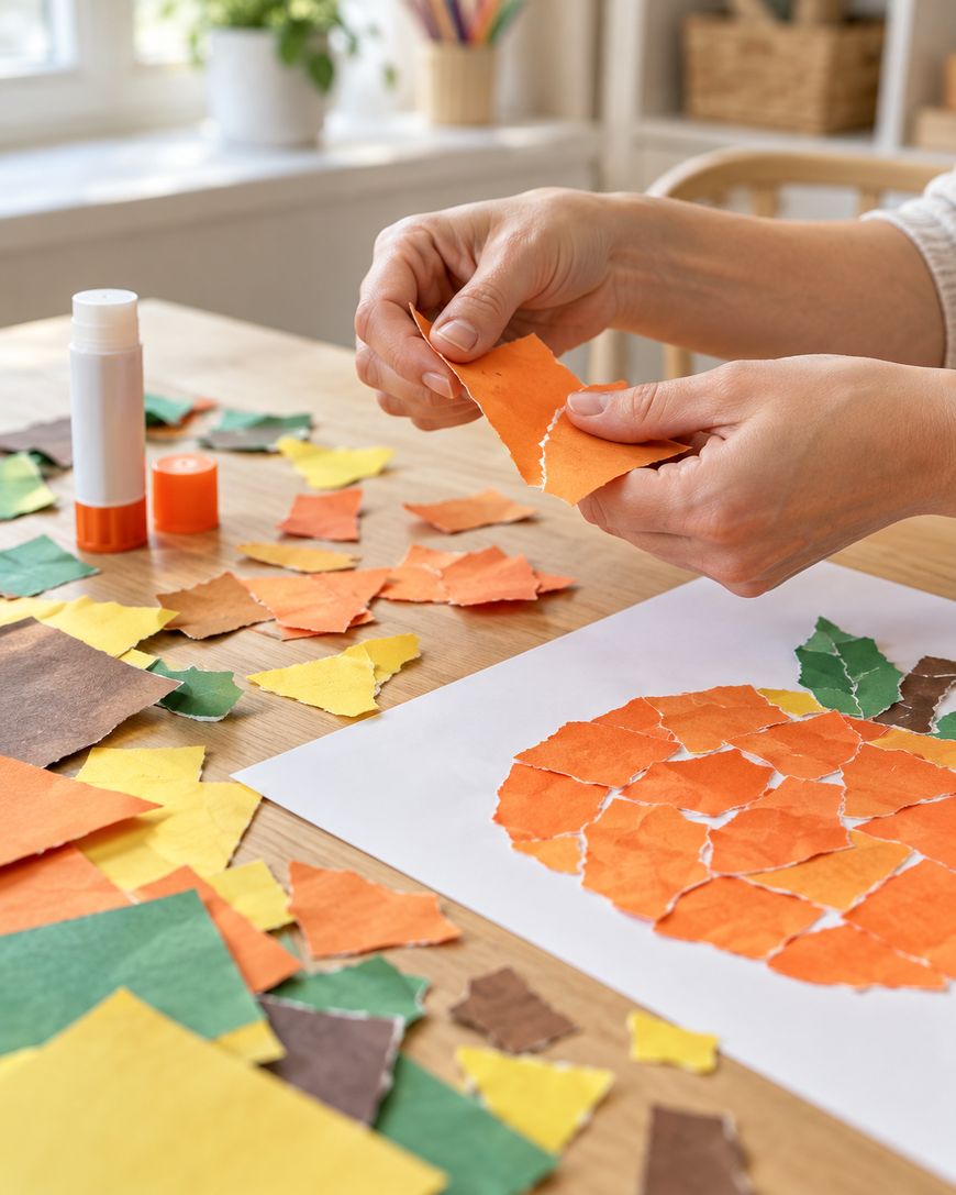 Hands gluing torn pieces of orange and green paper onto a sheet to create a collage.