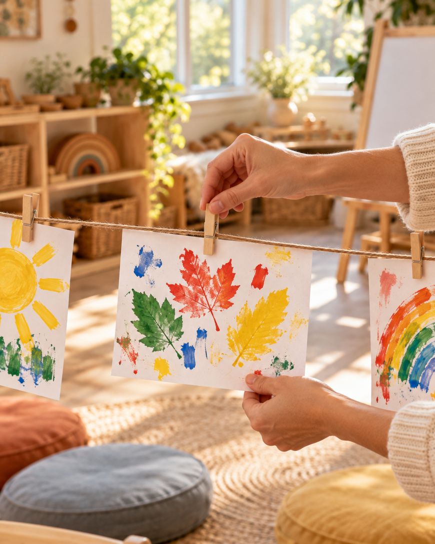 Hands clip a piece of paper featuring painted autumn leaf prints onto a twine clothesline alongside other childrens artwork.