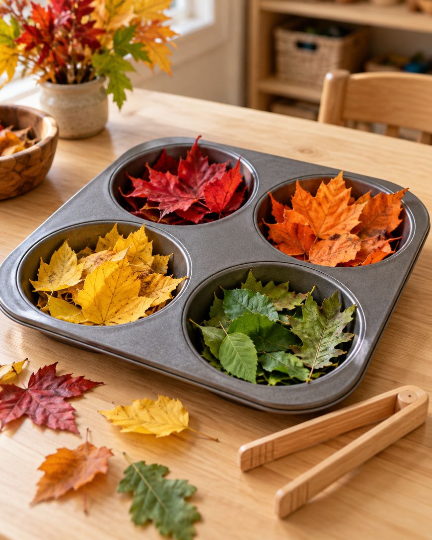 A four-cup muffin tin filled with red, orange, yellow, and green autumn leaves, sitting on a wooden table with wooden tongs nearby.