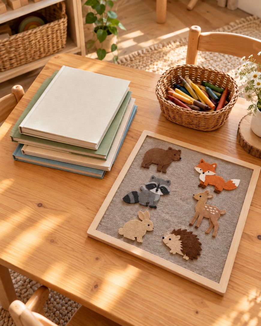 A wooden table with a stack of books, a basket of crayons, and a felt board featuring cutout shapes of a bear, fox, raccoon, deer, rabbit, and hedgehog.