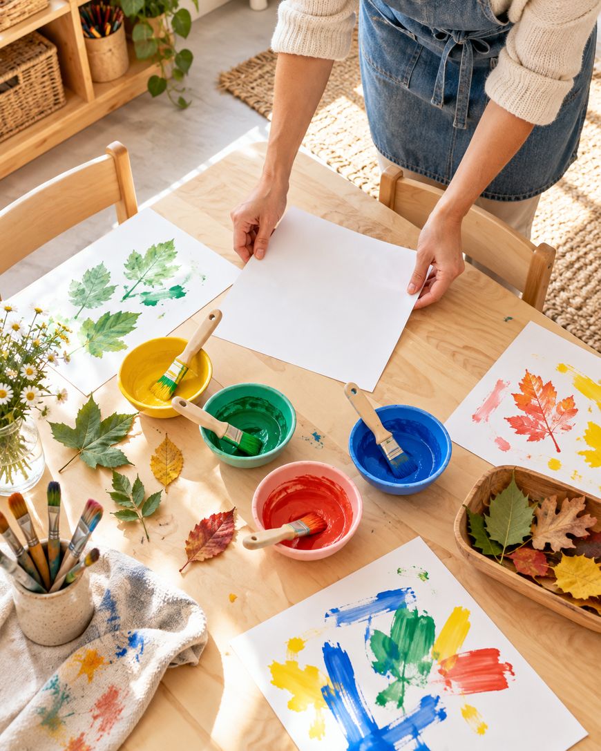 A person wearing an apron prepares to paint on a blank sheet of paper, surrounded by bowls of colorful paint, brushes, and leaf-themed artwork on a wooden table.