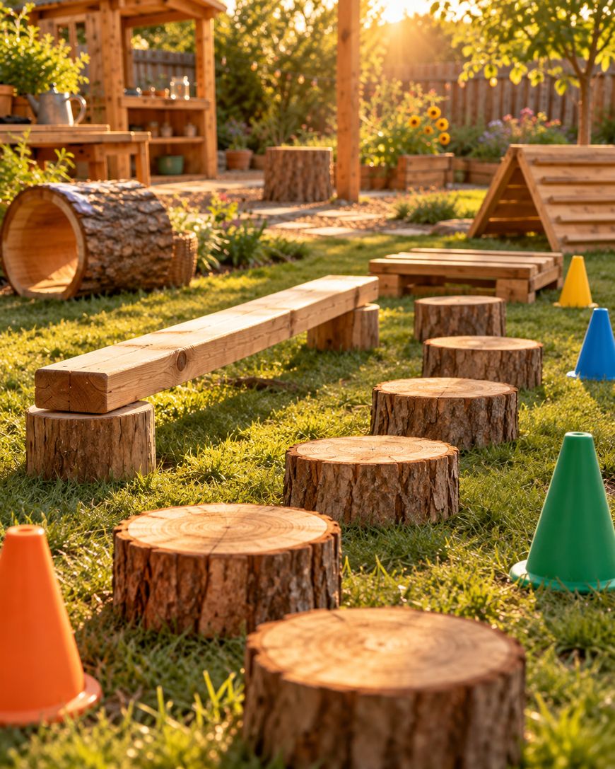 A childrens outdoor obstacle course featuring a balance beam, tree stump stepping stones, and colorful plastic cones on a grassy lawn.