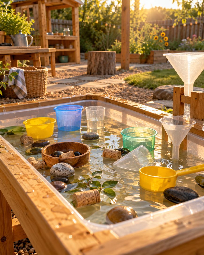A wooden water play table containing floating plastic cups, bowls, stones, and corks, with plastic funnels attached to a stand.