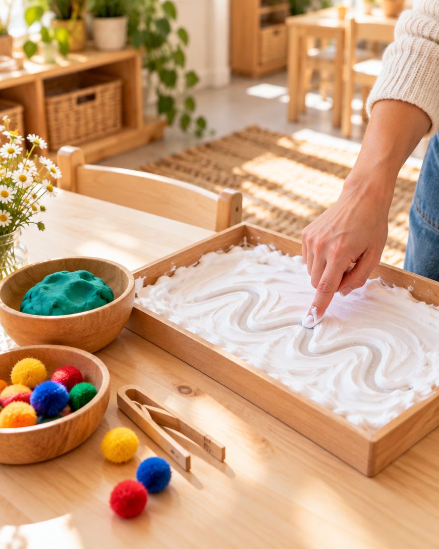 A persons finger draws wavy lines into a tray of white shaving cream on a wooden table, with nearby bowls containing green modeling clay and colorful pom-poms.