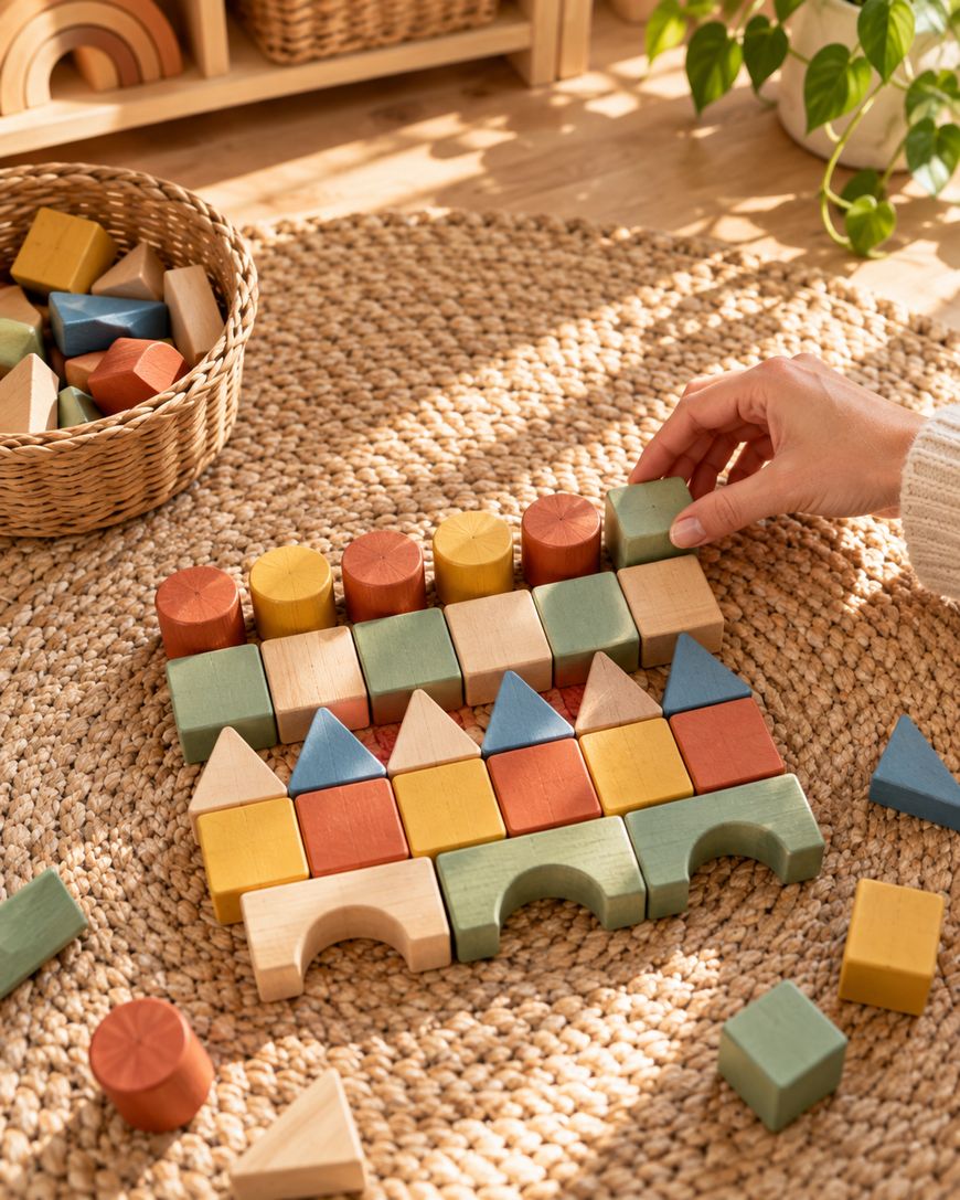 A hand places a green wooden block onto a geometric pattern of colorful wooden building blocks arranged on a woven rug.