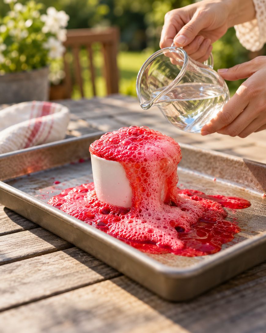 Hands pouring liquid from a glass pitcher onto a white cup, causing a red, bubbly reaction to overflow onto a baking sheet.