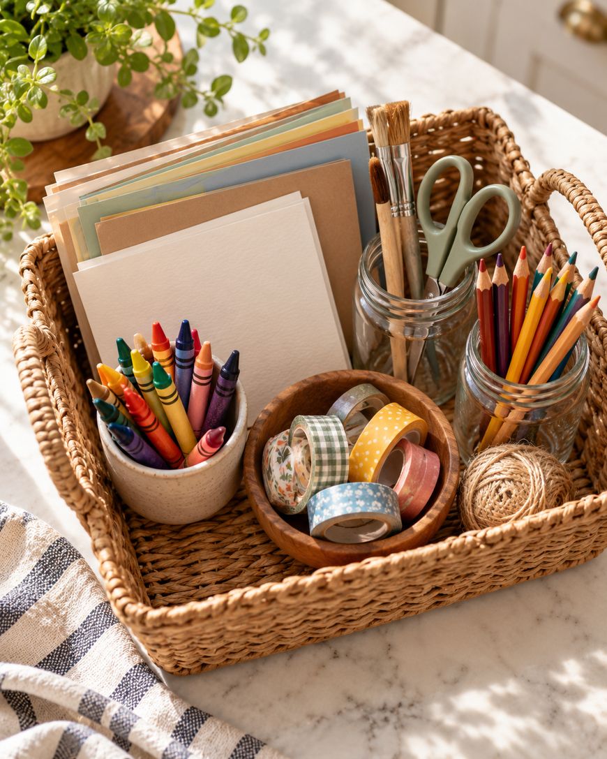 A woven basket containing stacked note cards, jars of colored pencils and paintbrushes, a wooden bowl of patterned washi tape, and a ball of twine.
