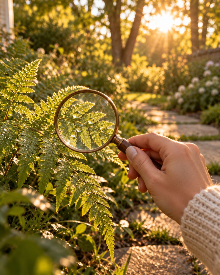 A hand holds a magnifying glass over a dew-covered fern leaf in a sunlit garden.