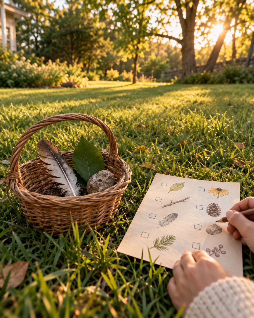 A persons hand checks off an item on a nature scavenger hunt list next to a wicker basket containing a feather, a leaf, and a rock.