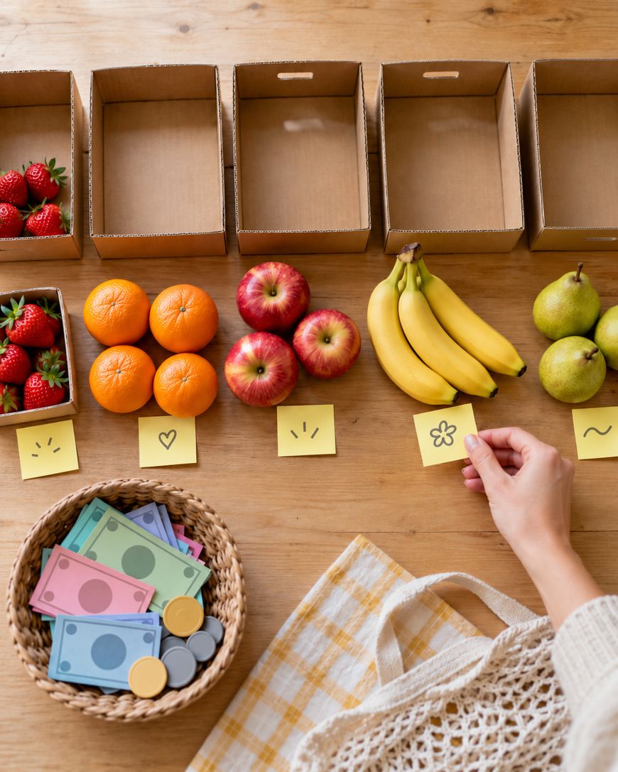 A hand places a yellow sticky note with a flower drawing near rows of fruit and empty cardboard boxes, with a basket of play money nearby.