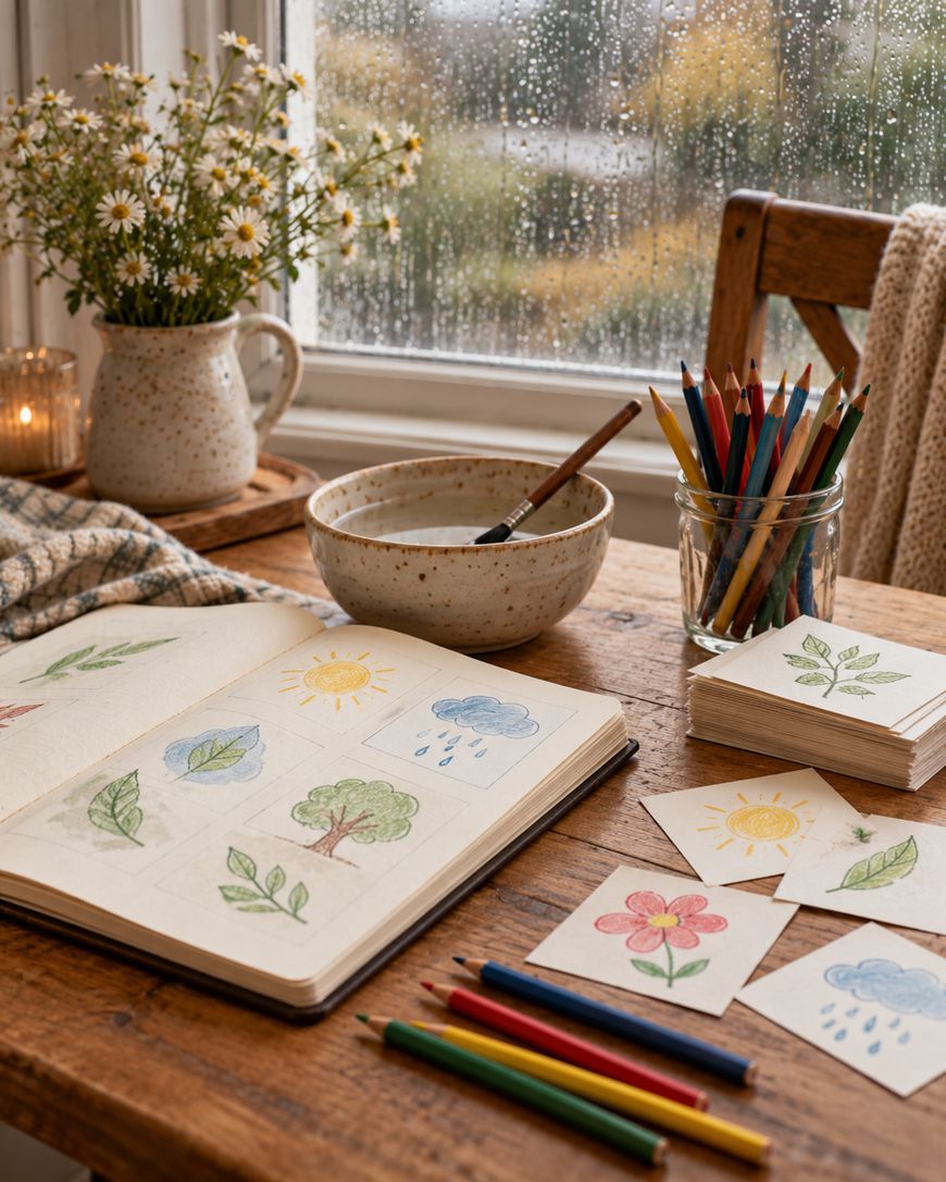 A sketchbook showing hand-drawn nature icons next to a cup of colored pencils, a water bowl, and a stack of small cards with similar drawings on a wooden table by a rainy window.