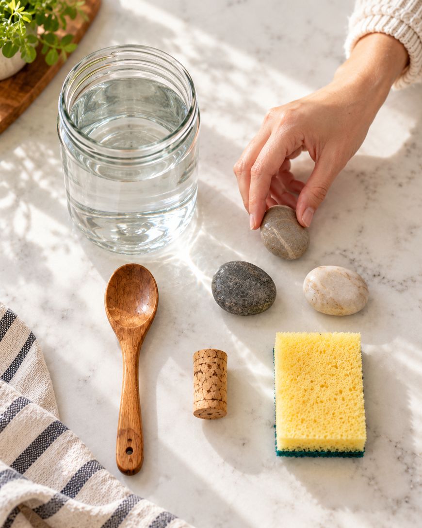 A hand places a smooth stone next to two other stones, a glass of water, a wooden spoon, a cork, and a yellow sponge on a marble surface.