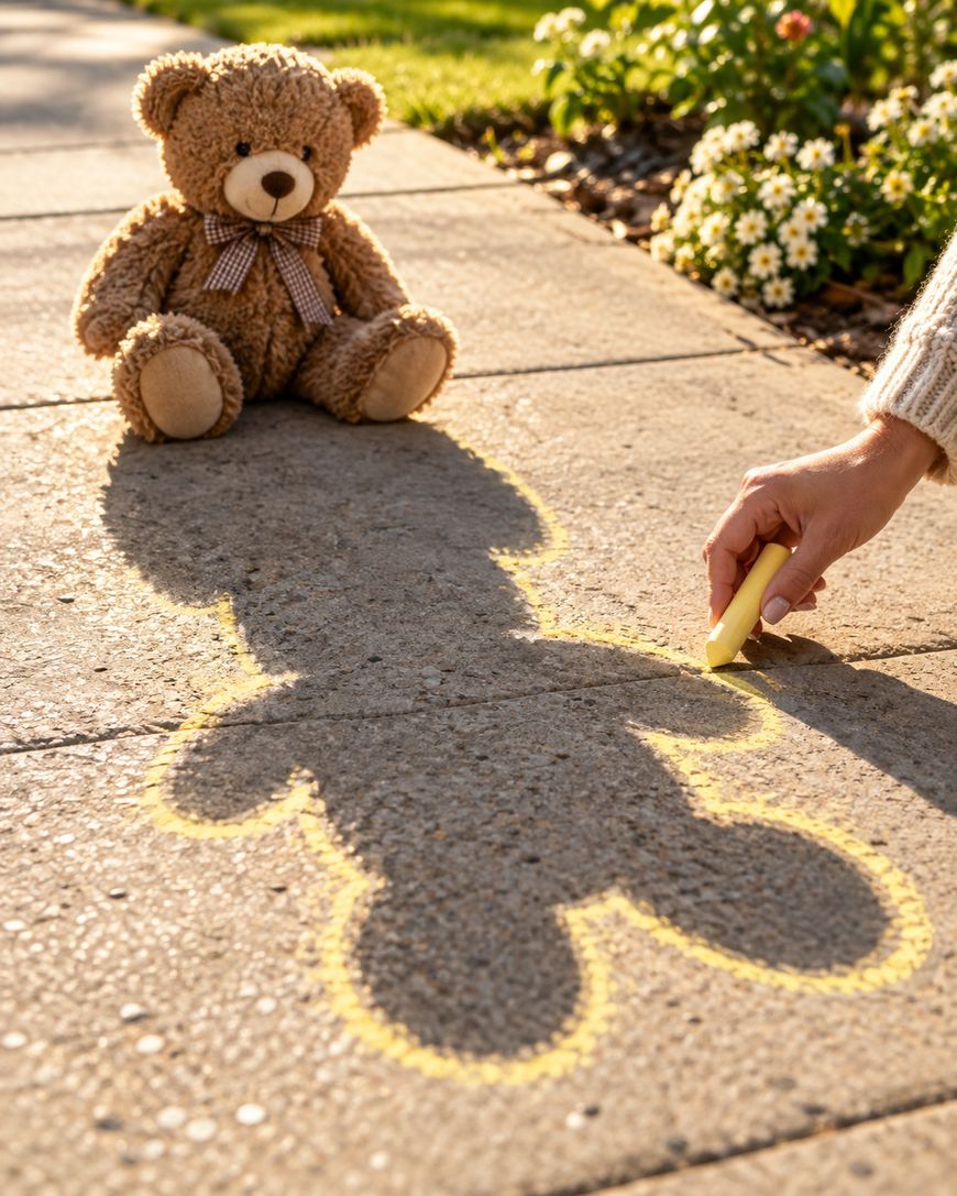 A persons hand uses yellow chalk to outline the shadow cast by a teddy bear sitting on a sidewalk.