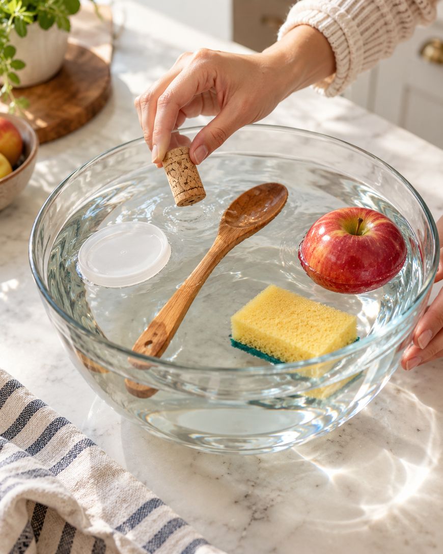 A person holds a cork over a glass bowl of water containing a red apple, a wooden spoon, a kitchen sponge, and a plastic lid.