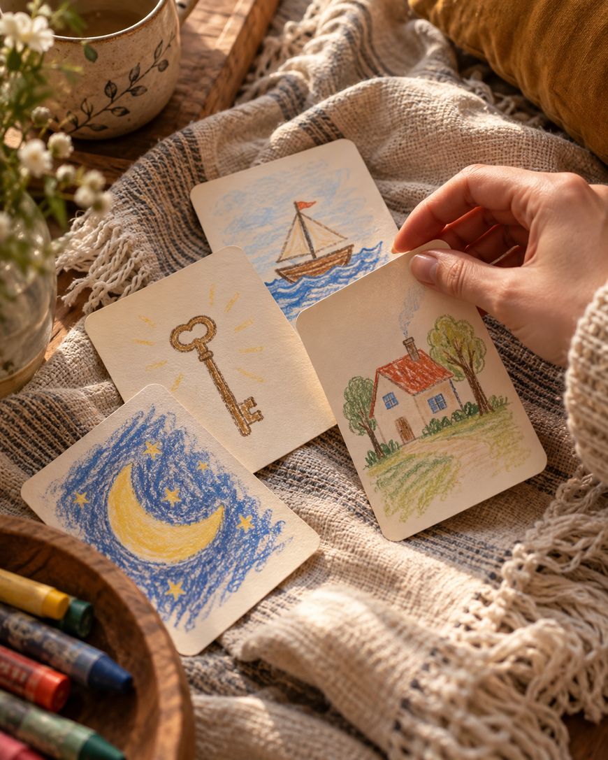 A hand holds a small drawing of a house, surrounded by other hand-drawn cards depicting a key, a sailboat, and a crescent moon on a textured blanket.