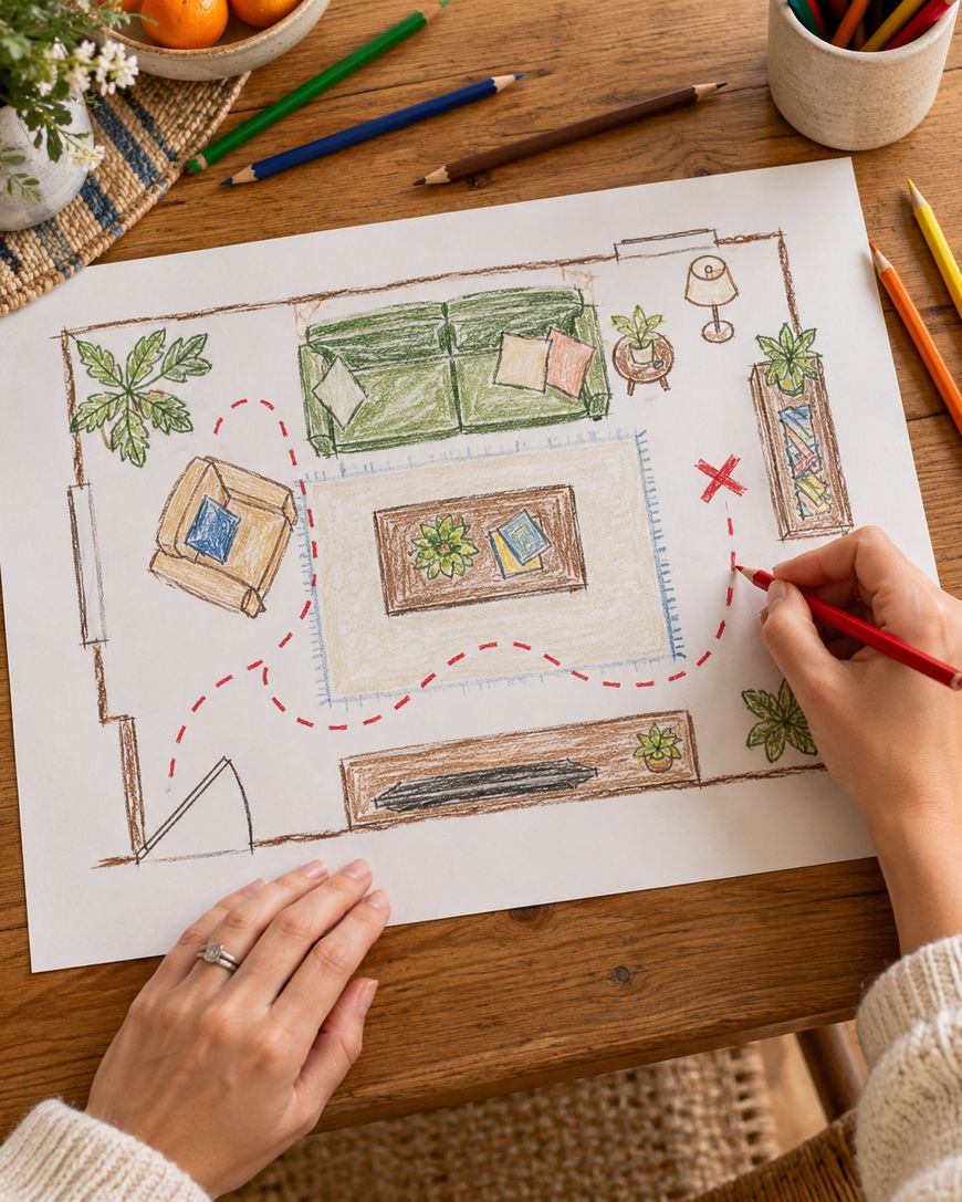 A hand uses a red pencil to draw a dashed path across a floor plan sketch of a living room.